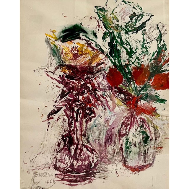 Theresa Bernstein, Abstract Still Life Oil Painting with Ink Theresa Bernstein Flowers in Vase, 1994 For Sale - Image 4 of 7