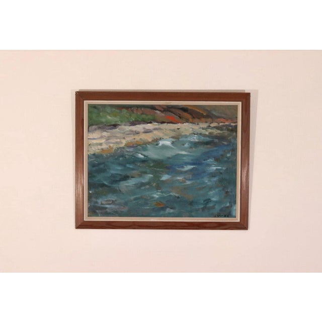 Original swedish oil on panel – “seashore” by luv 1962 – signed, framed 74 × 59 cm (29.1" × 23.2") a contemplative oil...