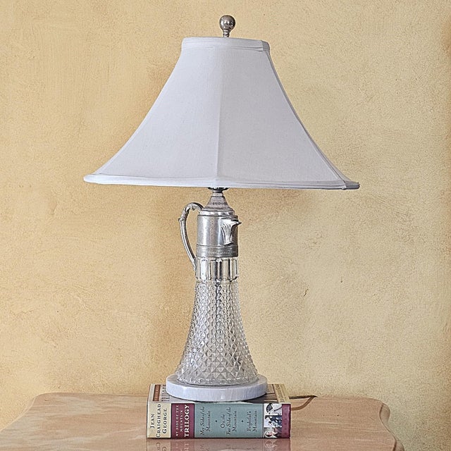 Vintage Crystal Decanter Lamp With Marble Base and White Bell Shade For Sale In Washington DC - Image 6 of 18
