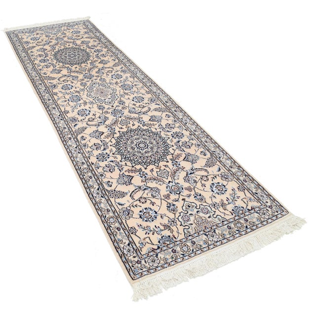 Fine Hand Knotted Silk & Wool Persian Nain Runner For Sale - Image 4 of 5