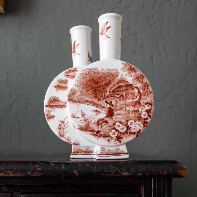 Porcelain Double Moon Flask Vase With Red Hand Painted Country Scene For Sale - Image 17 of 18