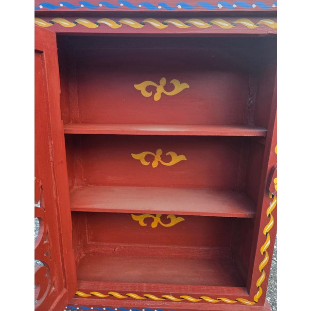 Hand Painted Mediterranean Medicine Cabinet / Wall Shelf / Brick Red Zouak For Sale - Image 4 of 6