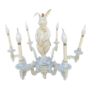 Rare Vintage Solid Wood Carved Distressed White Peter Rabbit 6 Arm Greek Key Chandelier