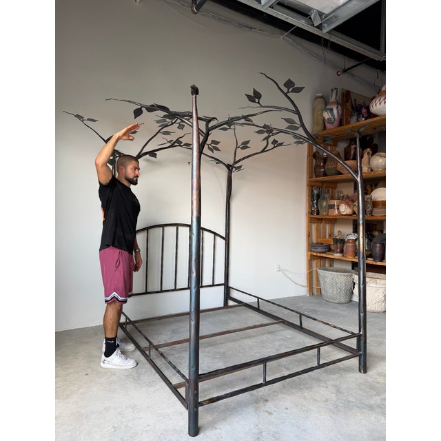Mid-Century Modern Vintage Handcrafted Metal Forest Canopy Queen Bed Frame, Signed For Sale - Image 3 of 17