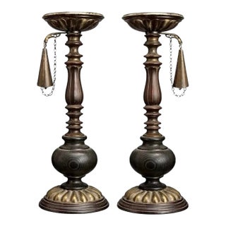 Early 19th Century Fireplace Pricket Candlesticks With Original Chain Snuffers, Pair For Sale