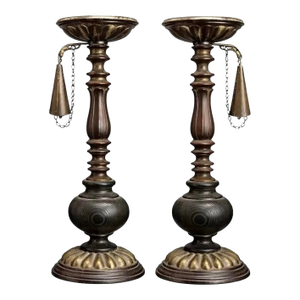 Early 19th Century Fireplace Pricket Candlesticks With Original Chain Snuffers, Pair