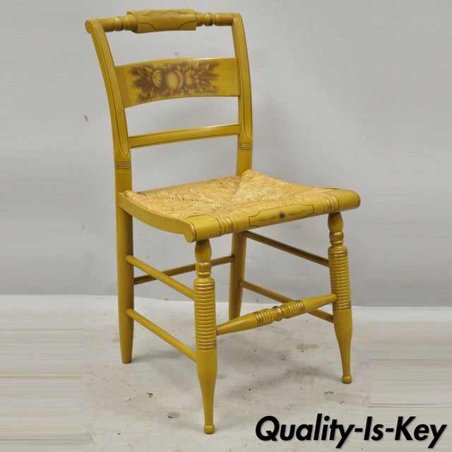 Vintage L. Hitchcock Yellow Painted Stenciled Rush Seat Dining Side
