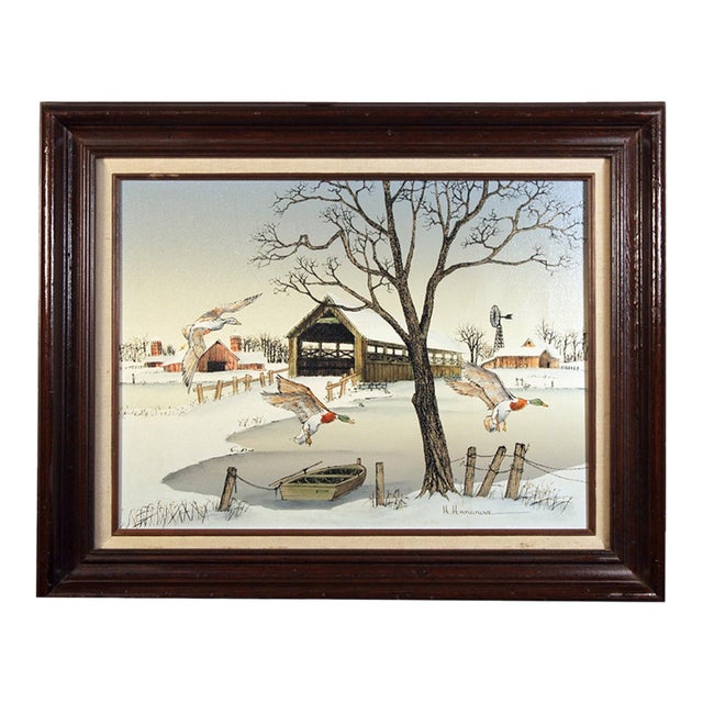 1990s H. Hargrove Signed Limited Edition Winter Farm on Canvas, Mallard Ducks & Covered Bridge For Sale