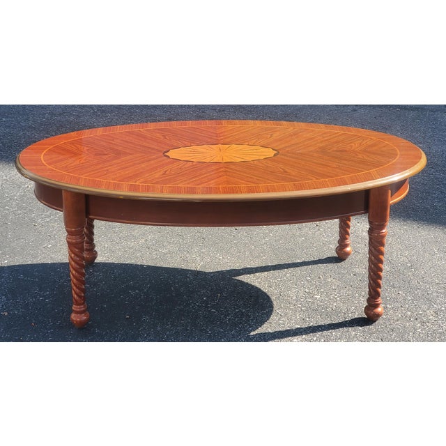 Wood Late 20th Century Bookmatched Mahogany and Satinwood Inlaid Style Coffee Table For Sale - Image 7 of 9