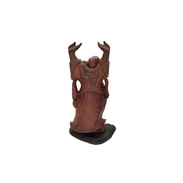 Late 20th Century Late 20th Century Buddha Sculpture Carved Wood With Inlaid Eyes and Teeth Vintage Chinese Wealth Figure For Sale - Image 5 of 9