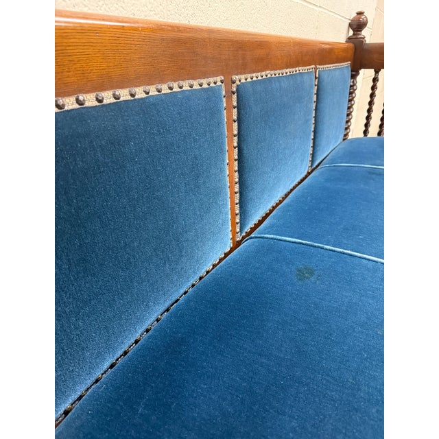 Antique Jacobean Revival Blue Velvet Upholstered Oak Hall Settee Daybed Bench For Sale - Image 13 of 18