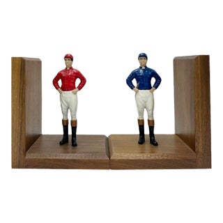Pair Vintage Equestrian Jockey Bookends Horse Racing Wood For Sale