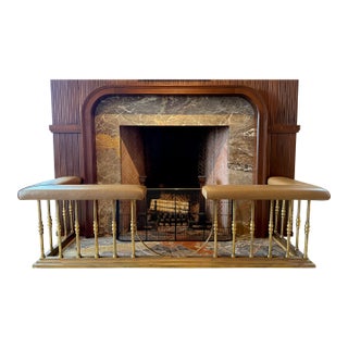 Jamb Uk Brass & Leather Fireplace Club Fender For Sale