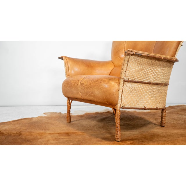 Pacific Green 'Navajo' Cognac Leather & Rattan Lounge Chair For Sale In Boston - Image 6 of 18