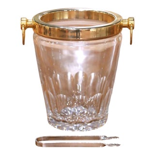 Mid-Century French Cut Glass Champagne Bucket With Brass Ring Handles With Tongs For Sale