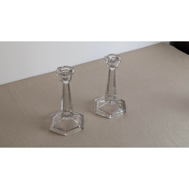 American Pair of Vintage Clear Glass Candlesticks Candle Holders With Hexagonal Bases For Sale - Image 3 of 6