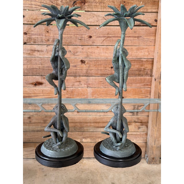 Pair of Vintage Maitland-Smith Style Bronze Monkey Palm Tree Candlesticks For Sale - Image 12 of 12