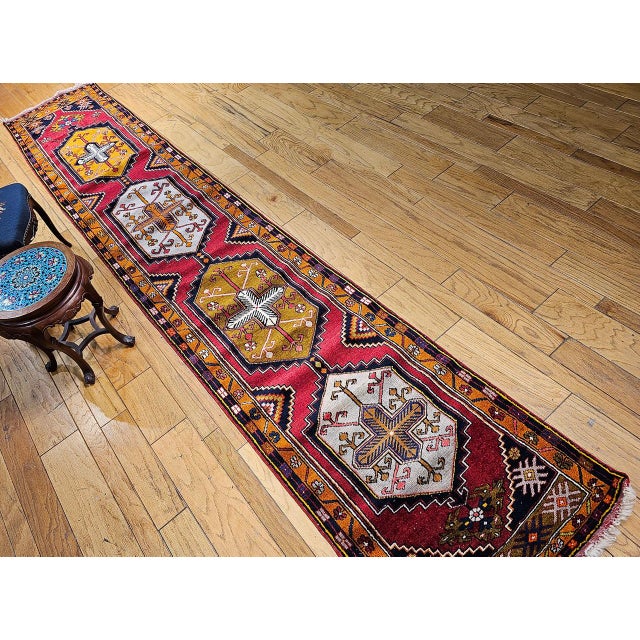 Textile Vintage Turkish Oushak Runner, Handwoven Wool Pile, Geometric Pattern, 3' x 15' For Sale - Image 7 of 16