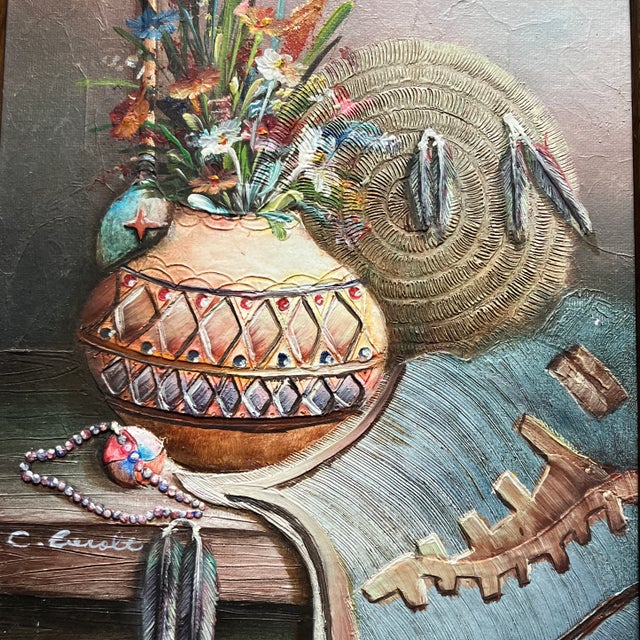 1950’s original American Indian still life painting. Signed and framed. Measures 8x10 and overall 11x13.