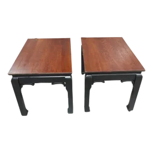 Restored Pair of Vintage 1960's Medallion Limited Two Tone Chow Side Tables With Walnut Top and Ebony Base
