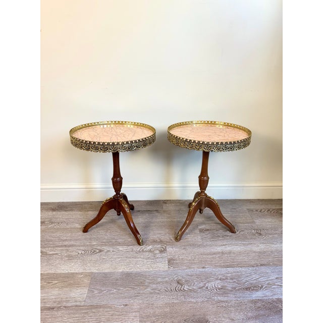 French Louis XV Style Pink Marble Gallery Topped Tripod Tables, 1920s, Set of 2 For Sale - Image 11 of 11