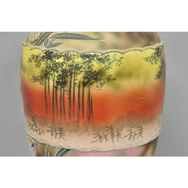 Green Antique Japanese Heavy Moriage Hand Painted Porcelain Oriental Bird Satsuma Vase For Sale - Image 8 of 16