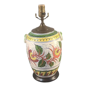 Antique Pre-War Japan Hand Painted Floral Pottery Table Lamp Signed
