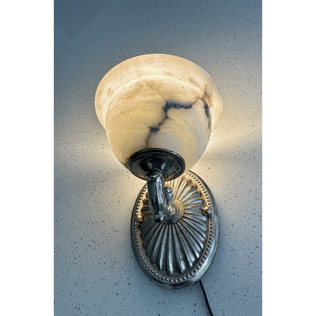 Pair Silver Nickel Alabaster Sunburst Wall Sconces For Sale - Image 11 of 18