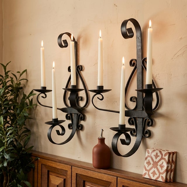 Gothic 1960 Spanish Revival Three-Arm Wrought Iron Candle Sconces, Pair For Sale - Image 3 of 14