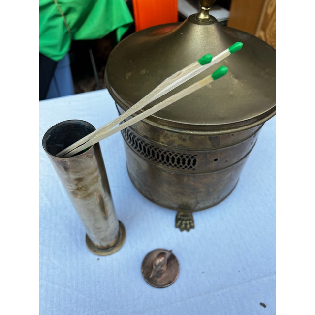 Brass Vintage Footed Pierced Brass Coal Scuttle Bucket and Tall Duck Matchstick Holder For Sale - Image 8 of 12