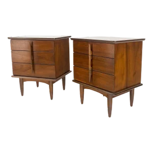 Walnut Mid Century 3 Drawers Sculptural Night Stands End Tables - A Pair