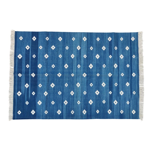 Handmade Cotton Diamond Rug, Blue And White 6'x9' For Sale - Image 6 of 7