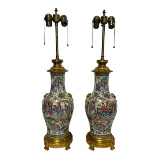 Mid 19th Century Chinese Famille Rose Medallion Porcelain and Gilt-Bronze Lamps - a Pair For Sale