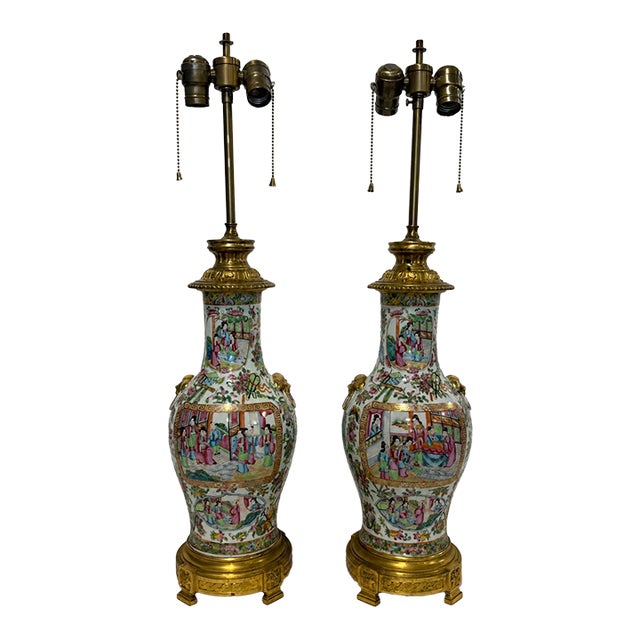Mid 19th Century Chinese Famille Rose Medallion Porcelain and Gilt-Bronze Lamps - a Pair For Sale