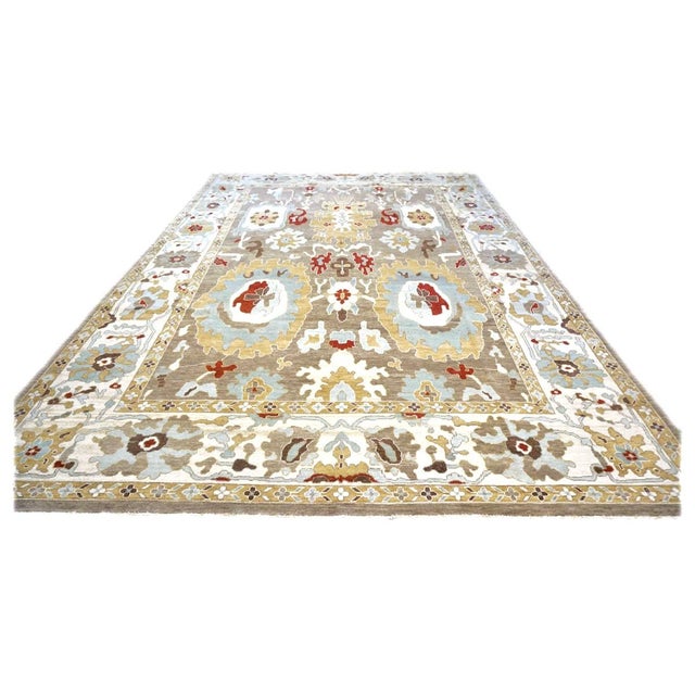 21st Century Afghan Sultanabad Master Wool 10x14 Tan, Light Blue & Ivory Handmade Area Rug #1143285 For Sale - Image 4 of 7