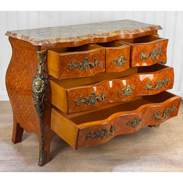 Late 20th Century Vintage French Louis XV Marble Top Bombe Commode Dresser Chest of Drawers For Sale - Image 5 of 16