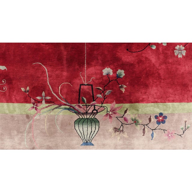 Red Antique Art Deco Rug in Rich Red Field With Light Grey and Floral Accents For Sale - Image 8 of 14
