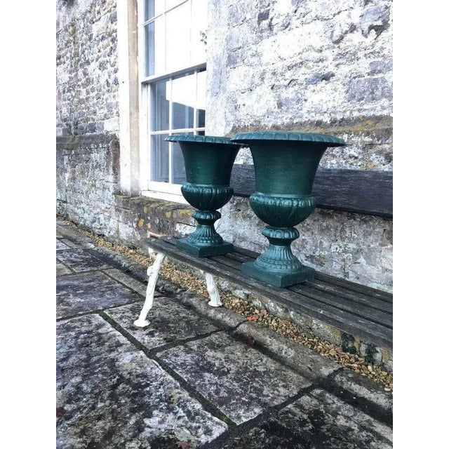 This is a gorgeous and early english cast iron campana urn with a plain, everted rim and semi-lobed body. In old green...