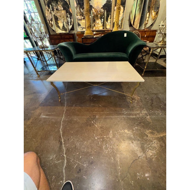 Transitional Vintage Italian Gilded Iron and Travertine Coffee Table For Sale - Image 3 of 9