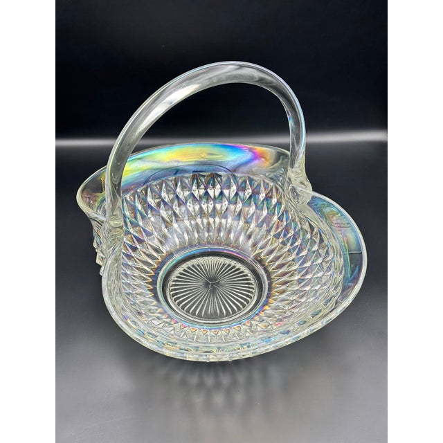 Large Iridescent Pressed‑Glass Centerpiece Basket With Handle For Sale - Image 4 of 9