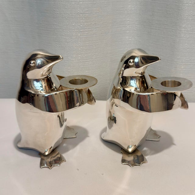 1990s 1990’s Restoration Hardware Silver Plated Penguin Candle Stick Holders - A Pair For Sale - Image 5 of 11