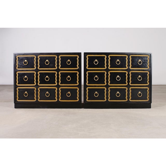Iconic pair of mid-century modern lacquered three drawer commode chests designed by Dorothy Draper. The Espana chests are...