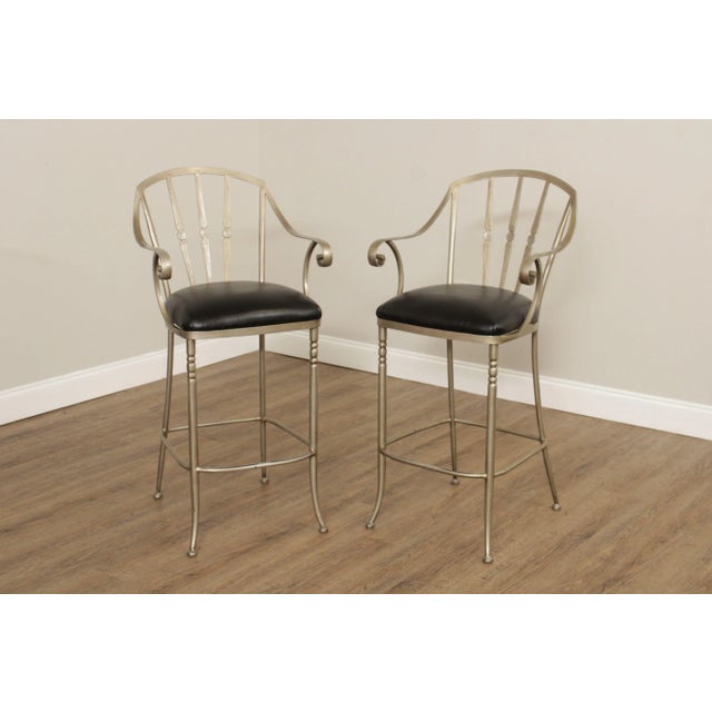 High Quality Pair of Scrolling Metal Frame Bar Stools with Custom Upholstered Vinyl Seats