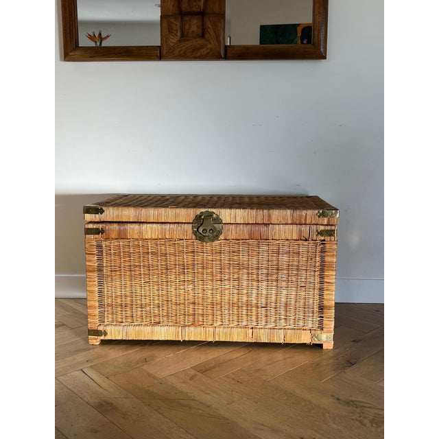 Vintage Wicker Blanket Chest with Gilt Chinoiserie Hardware, 20th