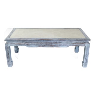 Vintage Swedish Blue-Grey Wash Wood Coffee Table With Ming Style Leg and Shagreen Top For Sale