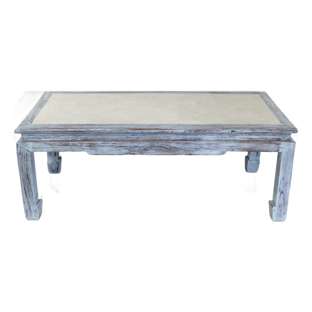 Vintage Swedish Blue-Grey Wash Wood Coffee Table With Ming Style Leg and Shagreen Top For Sale