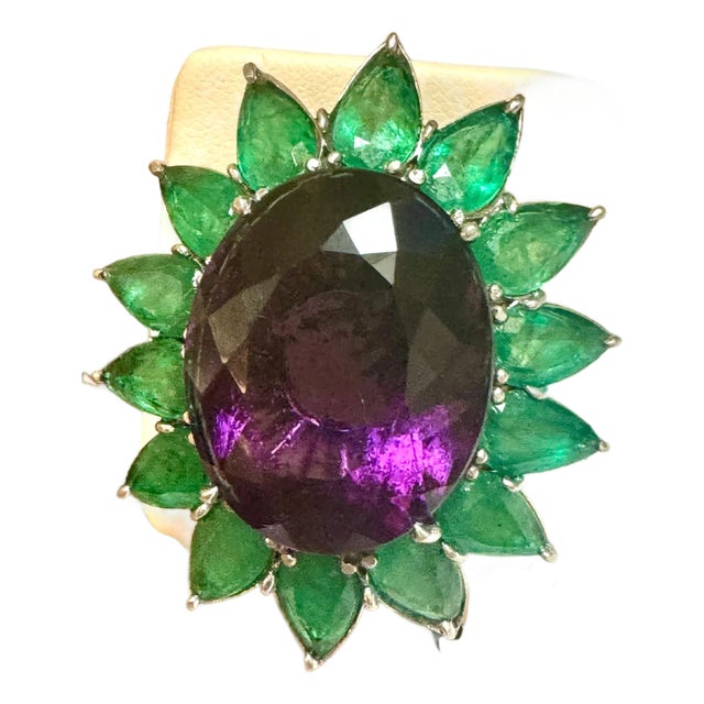 30 Ct Oval Amethyst & 25 Ct Emerald Large Cocktail Ring in Platinum, 32gm, Size6 For Sale