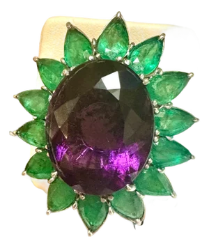 30 Ct Oval Amethyst & 25 Ct Emerald Large Cocktail Ring in Platinum, 32gm, Size6