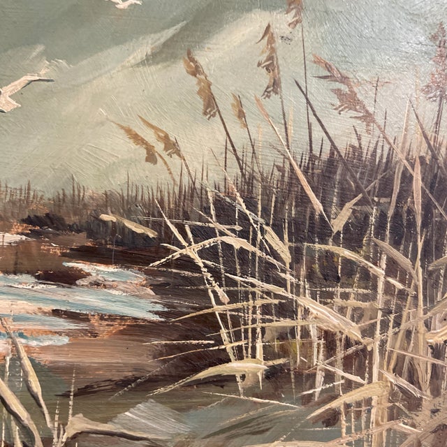 Mid 20th Century "Gulls Over a Snowy Marsh" Landscape Oil Painting by Lynn Winans, Framed For Sale - Image 10 of 11