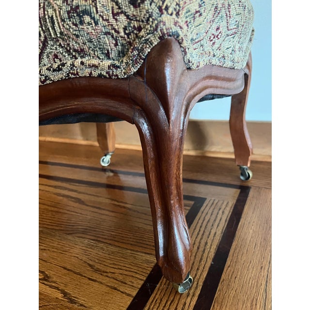 Victorian Vintage Tapestry Footstool Ottoman With Cabriole Legs & Brass Casters For Sale - Image 3 of 9